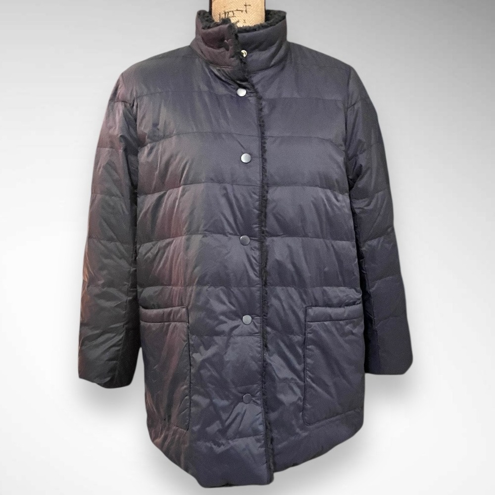 J.JILL Women's Navy Reversible Down Nylon Sherpa Puffer Coat Snap‎ Closure | EUC - Picture 4 of 7